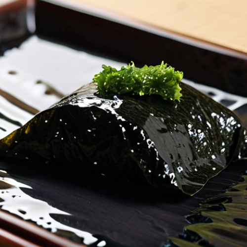 Home 15 **
Close-up of high-quality, glossy black Nori seaweed sheets. The texture should appear slightly crisp and the color deep. In the background, subtly hint at a traditional Japanese sushi-making scene.
**