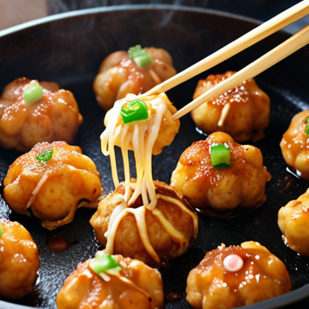 **

Close-up shot of golden-brown takoyaki being cooked in a special pan, a wooden pick turning them. Focus on the crispy exterior and the steam rising up, emphasizing the freshness. Ingredients like octopus pieces, green onions, and tempura scraps visible in the batter.

**
