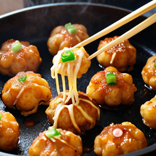 Home 14 **
Close-up shot of golden-brown takoyaki being cooked in a special pan, a wooden pick turning them. Focus on the crispy exterior and the steam rising up, emphasizing the freshness. Ingredients like octopus pieces, green onions, and tempura scraps visible in the batter.
**