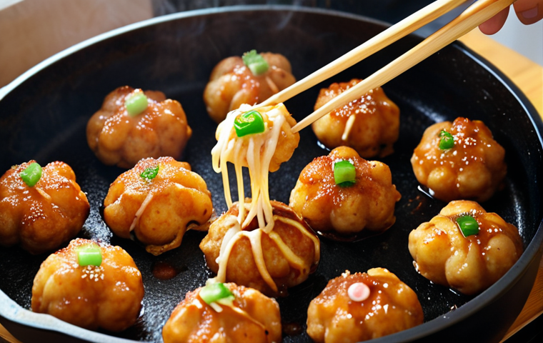 **

Close-up shot of golden-brown takoyaki being cooked in a special pan, a wooden pick turning them. Focus on the crispy exterior and the steam rising up, emphasizing the freshness. Ingredients like octopus pieces, green onions, and tempura scraps visible in the batter.

**