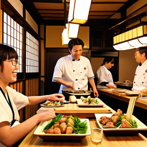 Home 7 A vibrant and cozy Japanese izakaya interior, bustling with lively conversation and laughter. Warm, inviting lighting illuminates rustic wooden tables and a counter where chefs are skillfully preparing food. Patrons are seen sharing a multitude of small, exquisite Japanese dishes – a colorful array of grilled yakitori, crispy karaage, and fresh edamame – accompanied by glasses of cold Japanese beer and sake, embodying a convivial and authentic social hub. The atmosphere evokes a warm embrace, making everyone feel at home.