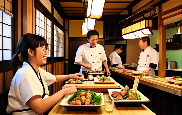 A vibrant and cozy Japanese izakaya interior, bustling with lively conversation and laughter. Warm, inviting lighting illuminates rustic wooden tables and a counter where chefs are skillfully preparing food. Patrons are seen sharing a multitude of small, exquisite Japanese dishes – a colorful array of grilled yakitori, crispy karaage, and fresh edamame – accompanied by glasses of cold Japanese beer and sake, embodying a convivial and authentic social hub. The atmosphere evokes a warm embrace, making everyone feel at home.
