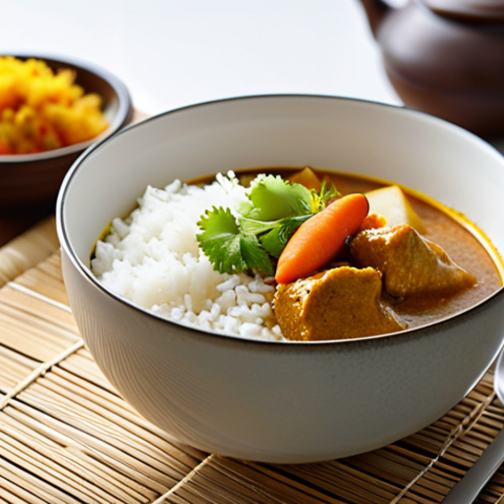 A vibrant, close-up professional food photograph capturing a steaming bowl of golden Japanese curry, served alongside perfectly cooked white rice. The curry's rich, velvety texture is evident, with tender pieces of chicken, carrots, and potatoes beautifully arranged. The setting is a bright, clean, and modern Italian kitchen counter, bathed in soft, inviting natural light, emphasizing comfort and culinary delight. The overall presentation is professional, appetizing, and high quality. The image is safe for work, appropriate content, fully clothed (applies to human subjects, none present), professional, perfect anatomy (for food presentation), correct proportions (for ingredients and plating), natural composition, well-formed food, proper ingredient distribution, natural food proportions.