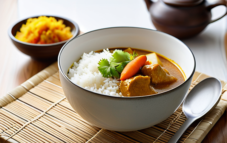 A vibrant, close-up professional food photograph capturing a steaming bowl of golden Japanese curry, served alongside perfectly cooked white rice. The curry's rich, velvety texture is evident, with tender pieces of chicken, carrots, and potatoes beautifully arranged. The setting is a bright, clean, and modern Italian kitchen counter, bathed in soft, inviting natural light, emphasizing comfort and culinary delight. The overall presentation is professional, appetizing, and high quality. The image is safe for work, appropriate content, fully clothed (applies to human subjects, none present), professional, perfect anatomy (for food presentation), correct proportions (for ingredients and plating), natural composition, well-formed food, proper ingredient distribution, natural food proportions.