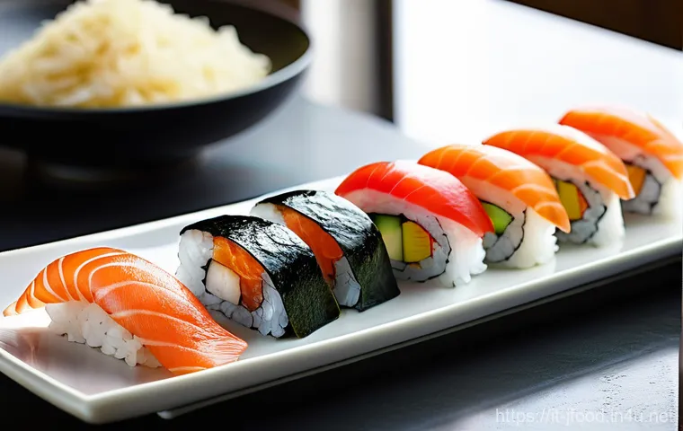 스시 바 초밥 구성 - **The Master's Touch: Art of Sushi Creation**
    A close-up, highly detailed shot of a skilled sush...