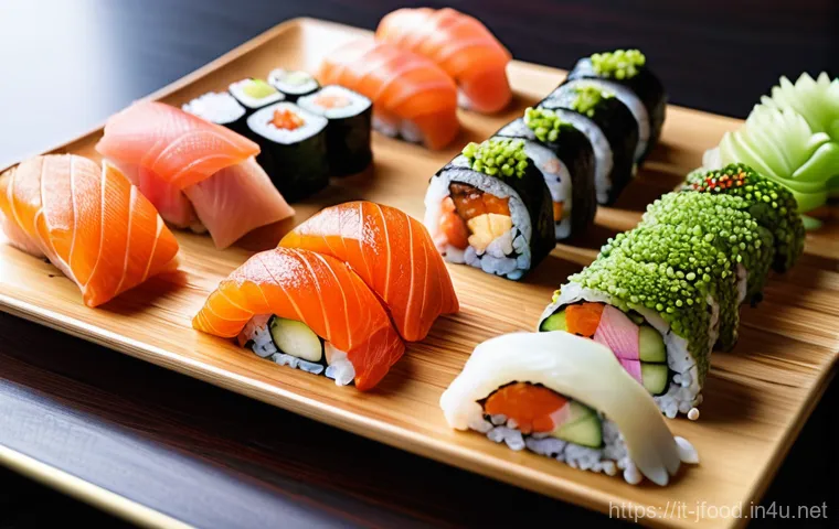 스시와 사시미의 차이 - **Prompt:** An exquisite, close-up shot of a pristine white ceramic plate showcasing an artfully arr...