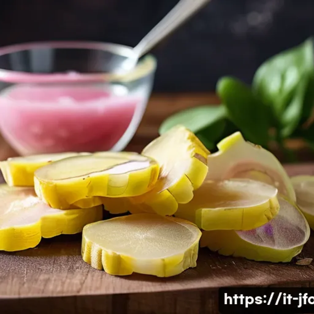 일본식 생강 절임 - A close-up, high-resolution image of thinly sliced fresh young ginger root with delicate, translucen...