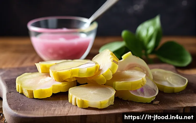 일본식 생강 절임 - A close-up, high-resolution image of thinly sliced fresh young ginger root with delicate, translucen...