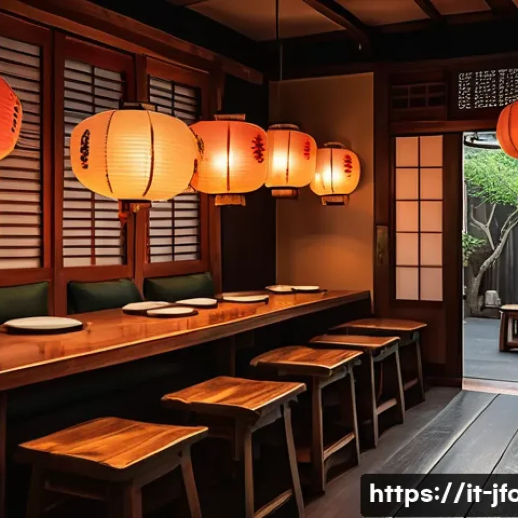 이자카야 분위기 있는 장소 - Cozy Italian izakaya interior at twilight, featuring warm, soft lighting from traditional rice paper...
