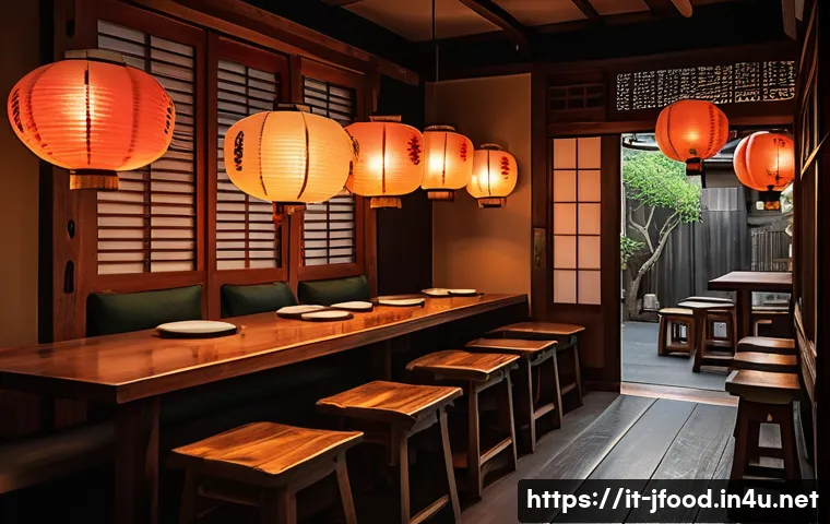 이자카야 분위기 있는 장소 - Cozy Italian izakaya interior at twilight, featuring warm, soft lighting from traditional rice paper...