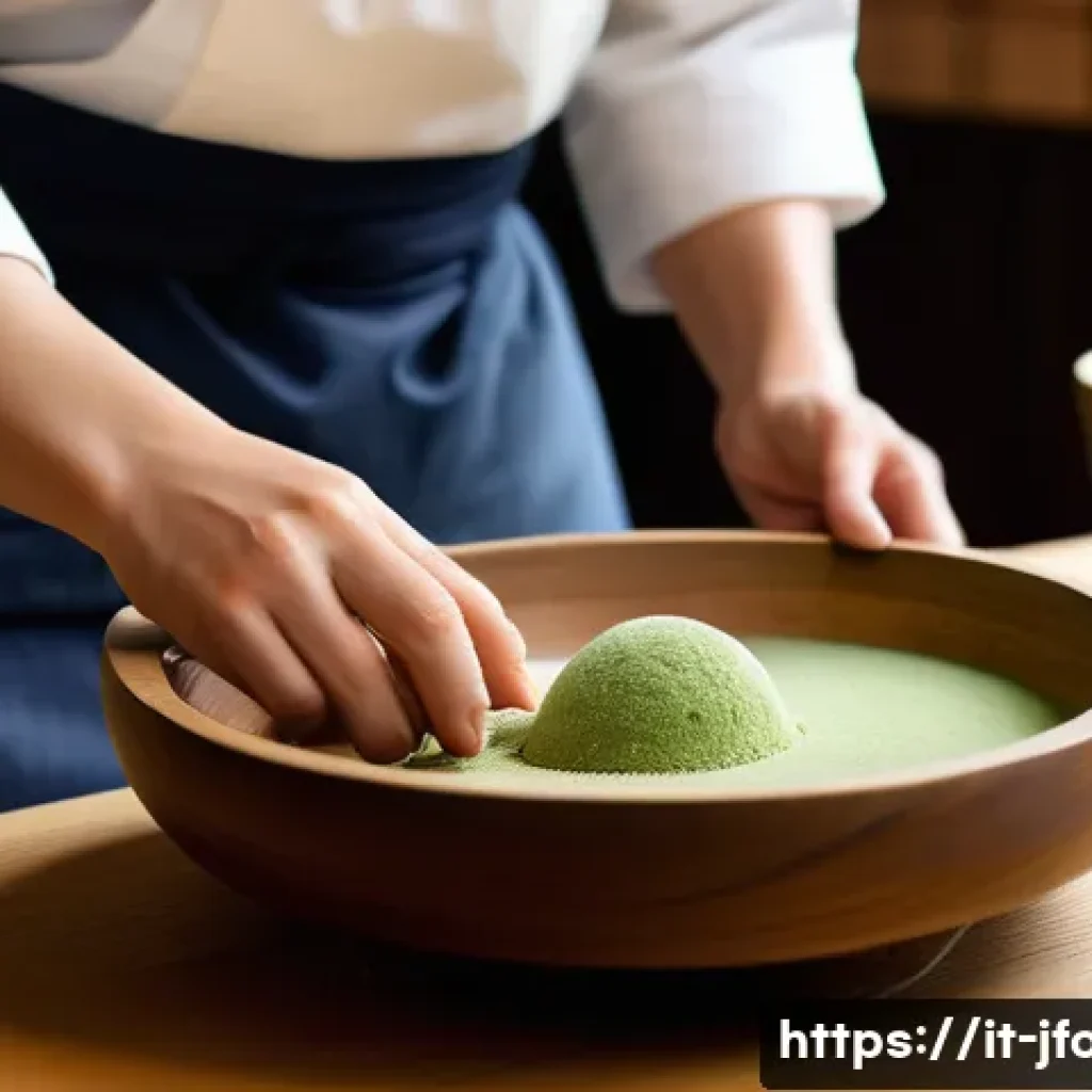 일본식 디저트 만들기 - A traditional Japanese sweets-making scene showcasing a delicate mochi preparation process: a skille...