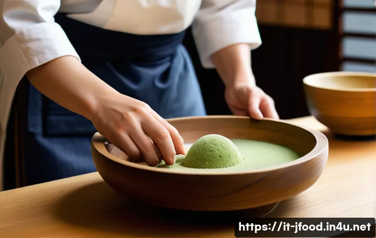 일본식 디저트 만들기 - A traditional Japanese sweets-making scene showcasing a delicate mochi preparation process: a skille...