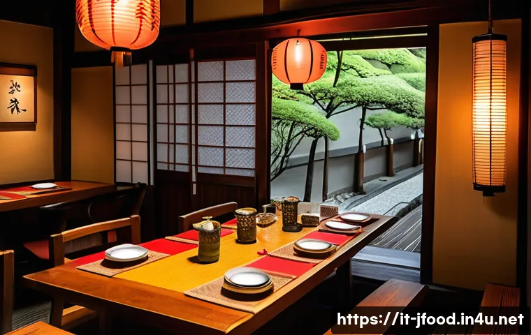이자카야 추천 맛집 - A cozy, traditional Japanese izakaya interior set in Italy, featuring dark wooden furniture, soft gl...