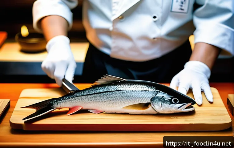 스시용 생선 종류 - A vibrant sushi chef’s workspace inside a traditional Japanese sushi restaurant in Italy, showcasing...