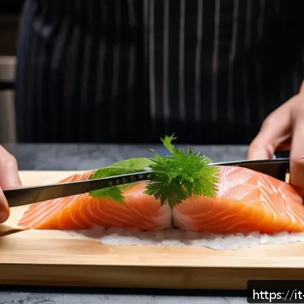 사시미용 생선 손질법 - A close-up scene of a professional Japanese chef preparing sashimi in a clean, modern kitchen. The c...