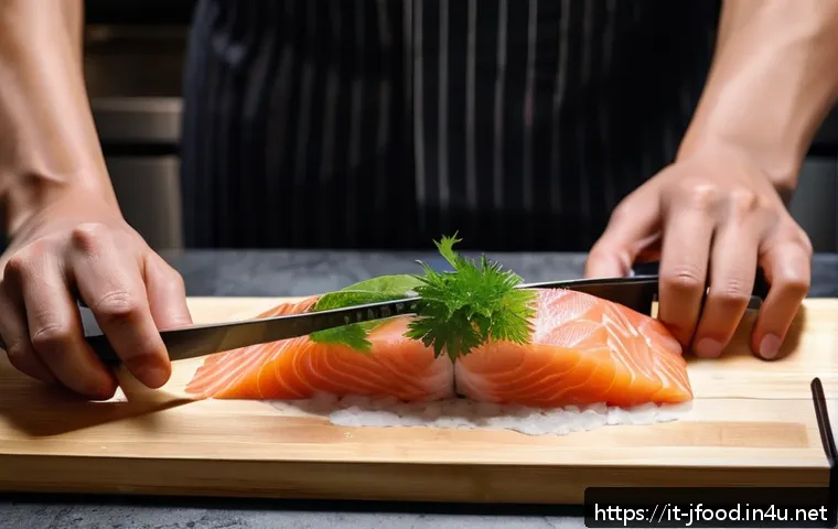 사시미용 생선 손질법 - A close-up scene of a professional Japanese chef preparing sashimi in a clean, modern kitchen. The c...