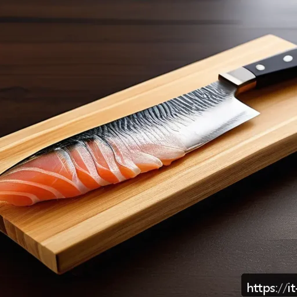 사시미용 칼 선택법 - A close-up shot of a traditional Japanese Yanagiba sashimi knife resting on a wooden cutting board w...