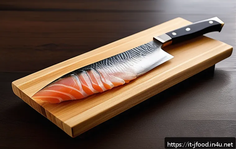 사시미용 칼 선택법 - A close-up shot of a traditional Japanese Yanagiba sashimi knife resting on a wooden cutting board w...