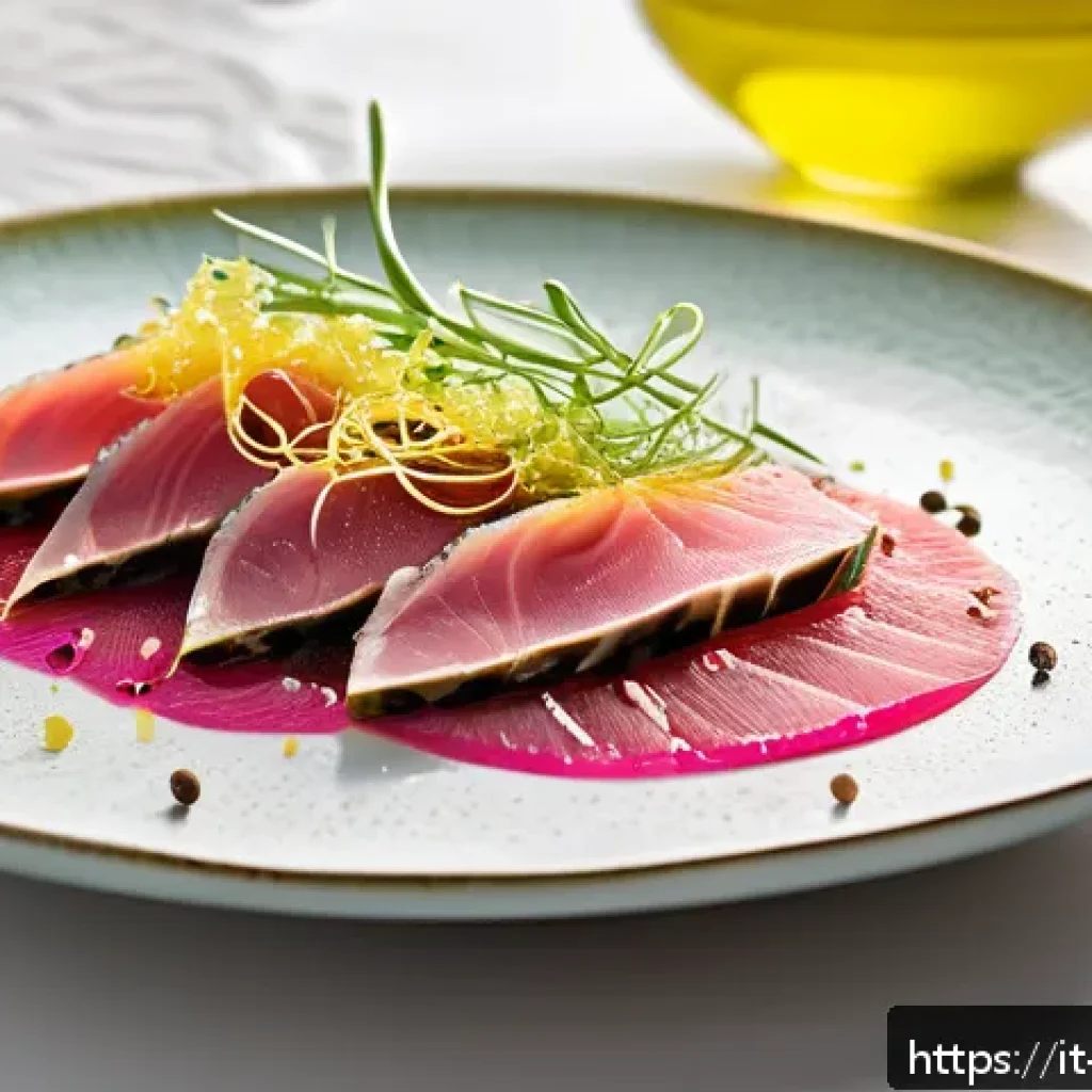 유자 후추 활용법 - A vibrant gourmet dish showcasing a delicate carpaccio of fresh tuna topped with freshly ground Sich...
