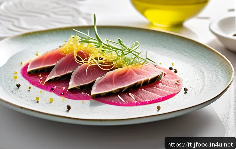유자 후추 활용법 - A vibrant gourmet dish showcasing a delicate carpaccio of fresh tuna topped with freshly ground Sich...