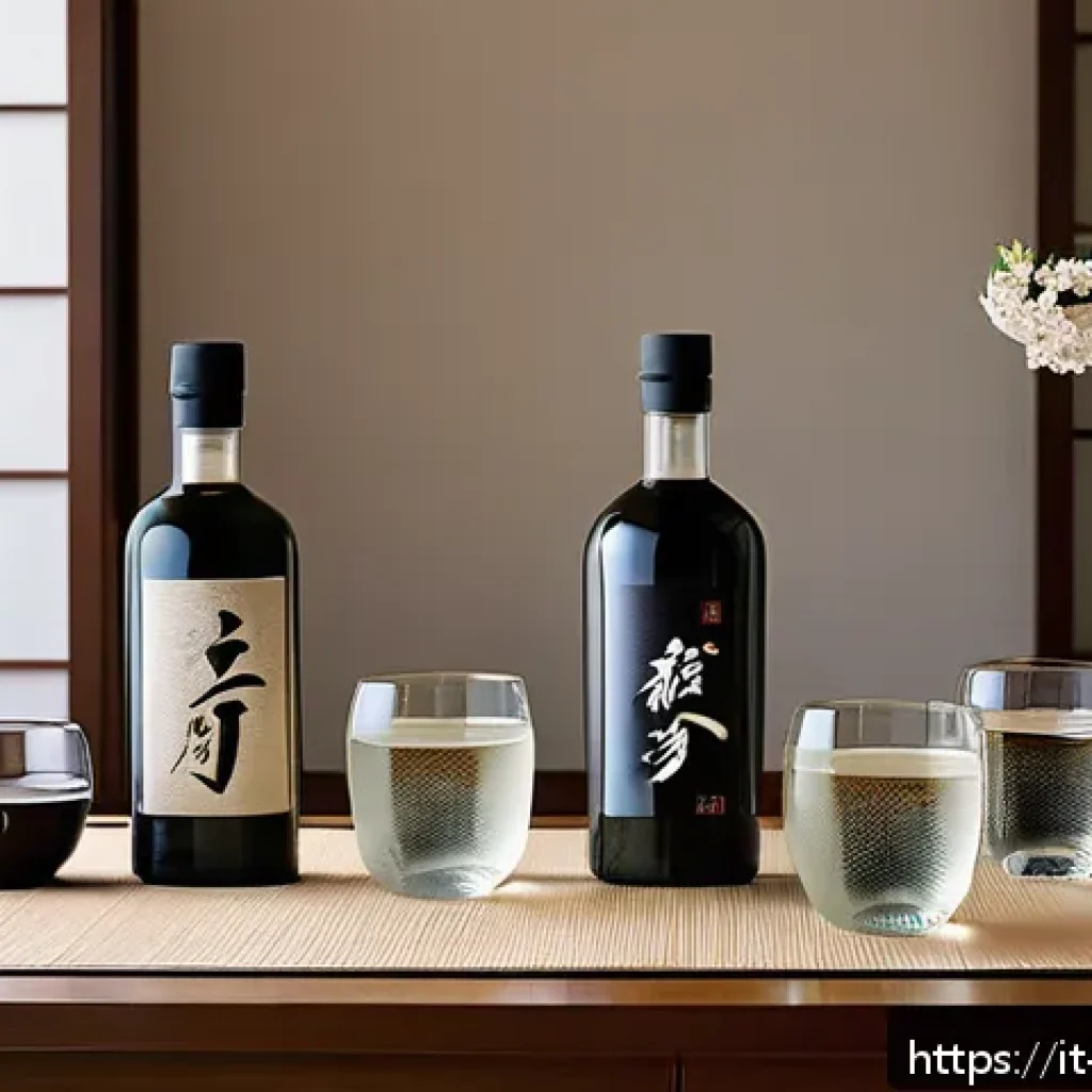 사케 브랜드별 리뷰 - A sophisticated Japanese sake tasting scene in an elegant Italian setting: a polished wooden table w...