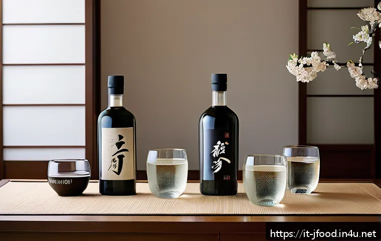 사케 브랜드별 리뷰 - A sophisticated Japanese sake tasting scene in an elegant Italian setting: a polished wooden table w...