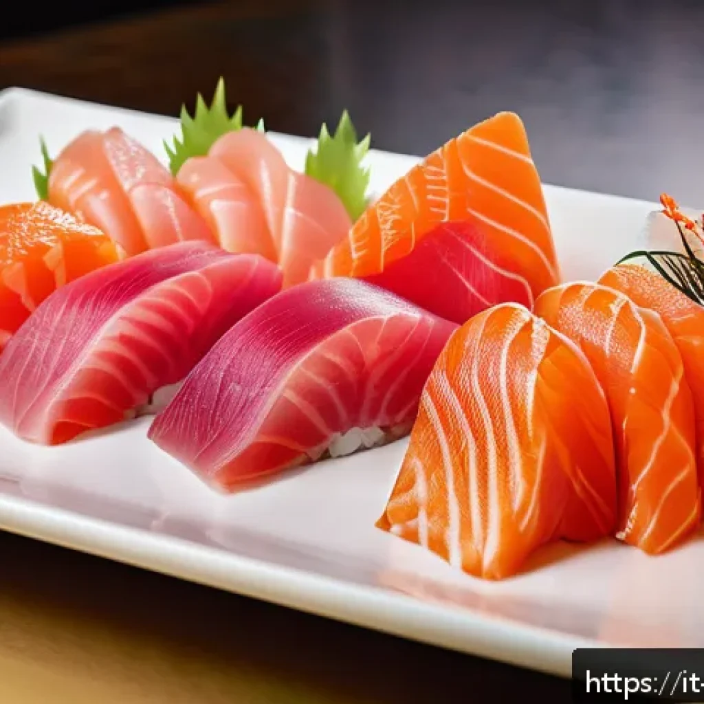 사시미 모듬 구성 - A close-up image of a premium sashimi platter featuring vibrant slices of fresh tuna (otoro, chutoro...