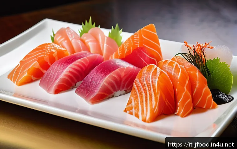 사시미 모듬 구성 - A close-up image of a premium sashimi platter featuring vibrant slices of fresh tuna (otoro, chutoro...