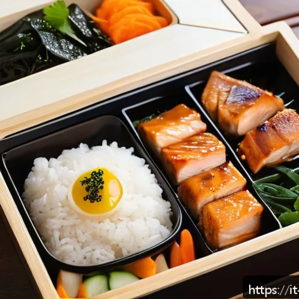 일본 간편식 추천 - A vibrant Japanese bento box arranged neatly on a modern wooden table, featuring steamed sticky shor...