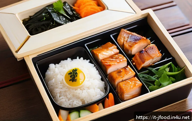 일본 간편식 추천 - A vibrant Japanese bento box arranged neatly on a modern wooden table, featuring steamed sticky shor...