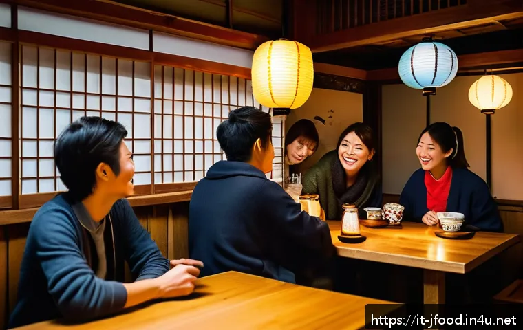 일본 전통 주점 이자카야 - Cozy and informal Japanese izakaya interior at evening, featuring warm, dim lighting with soft amber...