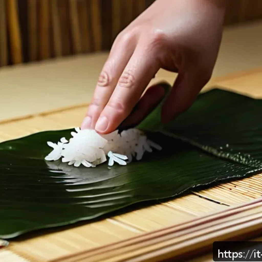 일본 요리 레시피 모음 - A close-up of a traditional Japanese sushi preparation scene, featuring a skilled hand delicately sp...