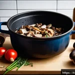 일본 라멘 국물 맛내기 - A rustic kitchen scene featuring a large enameled cast iron pot simmering on a vintage stove, filled...