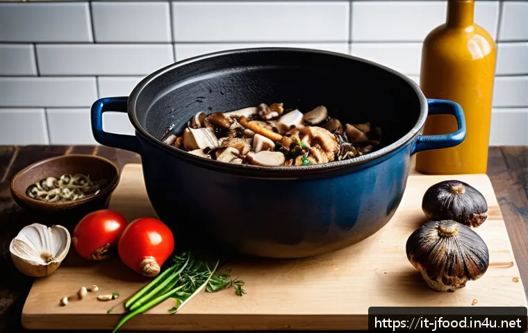 일본 라멘 국물 맛내기 - A rustic kitchen scene featuring a large enameled cast iron pot simmering on a vintage stove, filled...