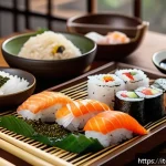 일본 밀키트 리뷰 - A beautifully arranged Japanese meal kit on a traditional wooden table in a cozy Italian kitchen set...
