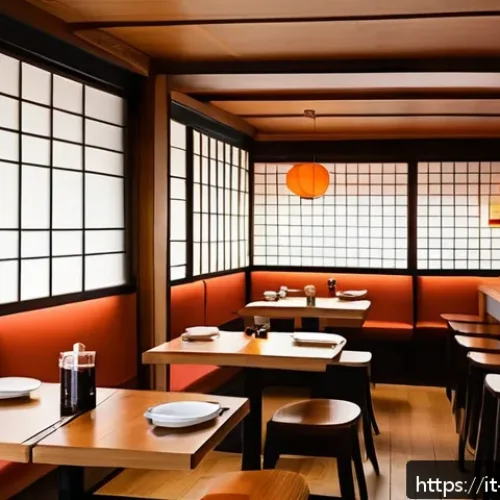 이자카야 운영 방법 - Cozy and authentic Japanese Izakaya interior in Italy, featuring natural light wood furniture, tradi...