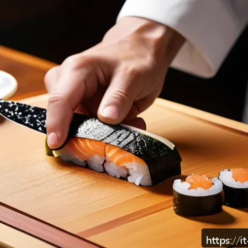 일본 스시 셰프 도구 - A professional sushi chef&rsquo;s workspace featuring a sharply honed Japanese stainless steel sushi knife...