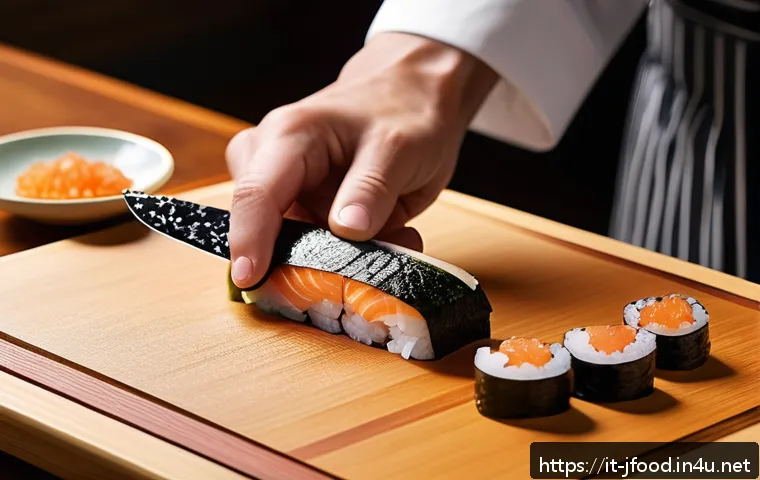 일본 스시 셰프 도구 - A professional sushi chef’s workspace featuring a sharply honed Japanese stainless steel sushi knife...