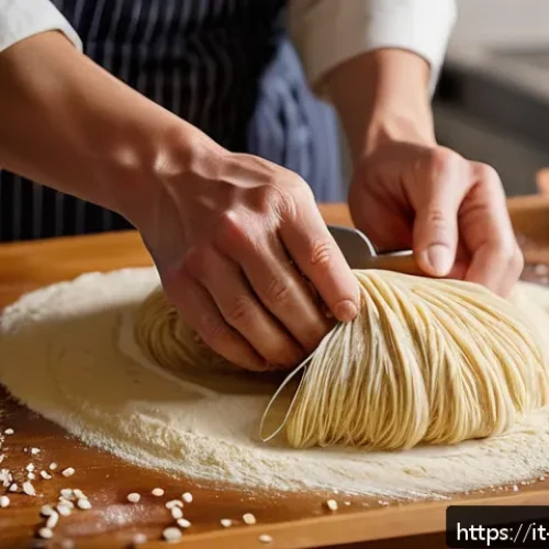 라멘 면발의 차이 - Close-up of a traditional Japanese ramen noodle dough preparation scene in a rustic kitchen, showing...