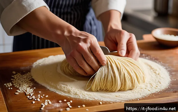 라멘 면발의 차이 - Close-up of a traditional Japanese ramen noodle dough preparation scene in a rustic kitchen, showing...
