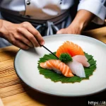 일본식 건강식 소개 - A vibrant Japanese kitchen scene showcasing a chef carefully preparing fresh sashimi with glistening...