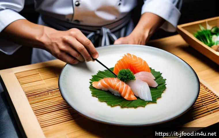 일본식 건강식 소개 - A vibrant Japanese kitchen scene showcasing a chef carefully preparing fresh sashimi with glistening...