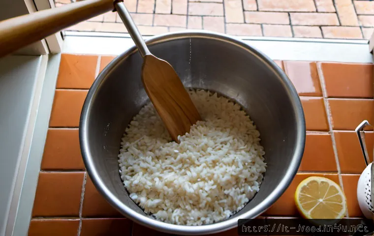 스시용 밥 짓는 법 - Photorealistic overhead view of an Italian home kitchen, hands rinsing glossy short-grain rice in a ...