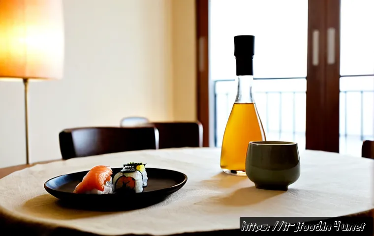 Home 17 일본 주류 페어링 팁 - Photorealistic Italian home dining scene showing Japanese beverage pairing: a chilled clear sake car...